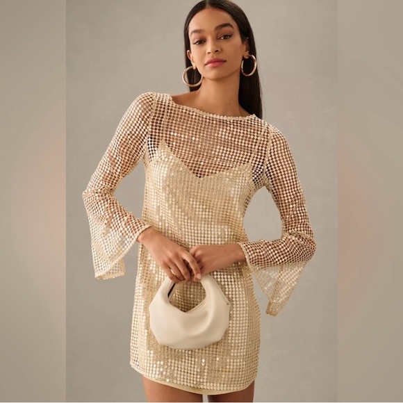 Anthropologie | Dresses | Anthropologie Gold Sequin Dress | Poshmark